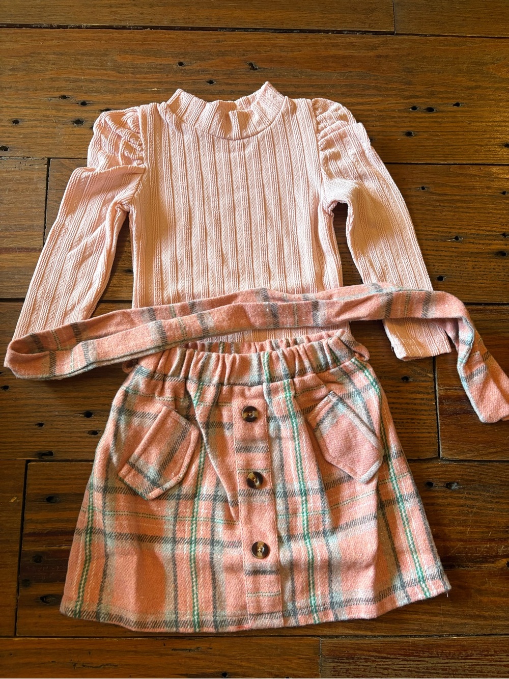 Girls Pink Ribbed Top & Plaid Button Skirt Set